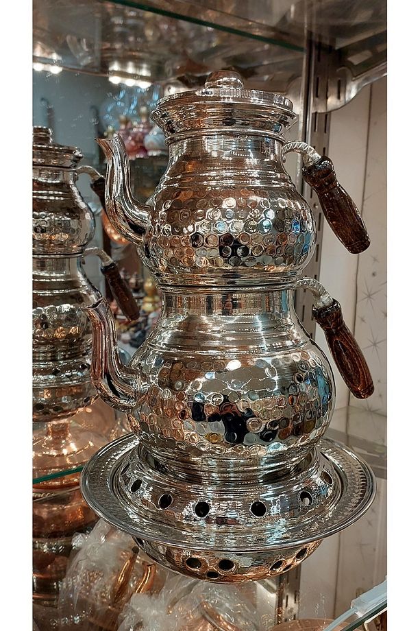 Bakır Çaydanlık & Bakır Demlik El Dövmesi Dövme Desenli Osmanlı Ocaklı Bakır Çaydanlık Büyük Boy - 3