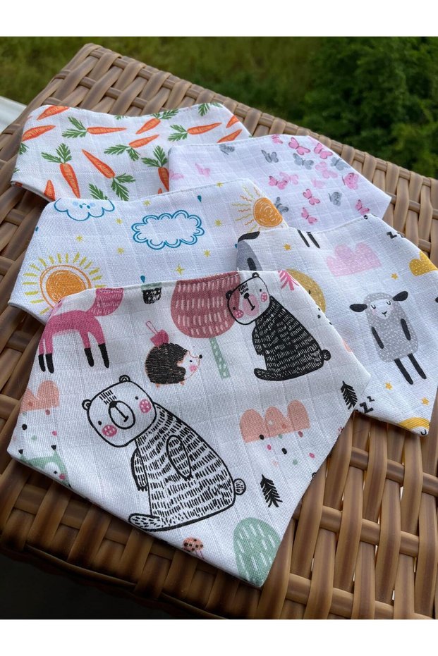 100% Organic Cotton, Baby Bib, Scarf, Collar, 2-Tier Muslin, 5-Piece Set (BABY GIRL)