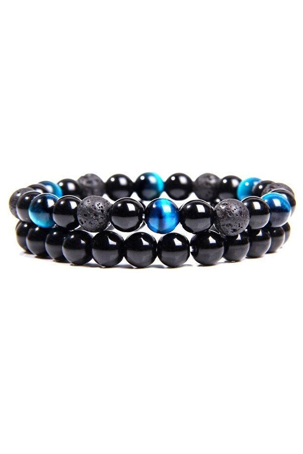 Double Unisex Design Natural Stone Bracelet Set (onyx-lav-blue Tiger Eye)