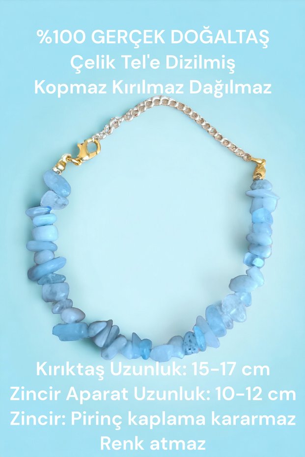 Aquamarine Stone - Broken Stone Bracelet, Real Natural Stone, Brass Plated, Extension Chain and Certified