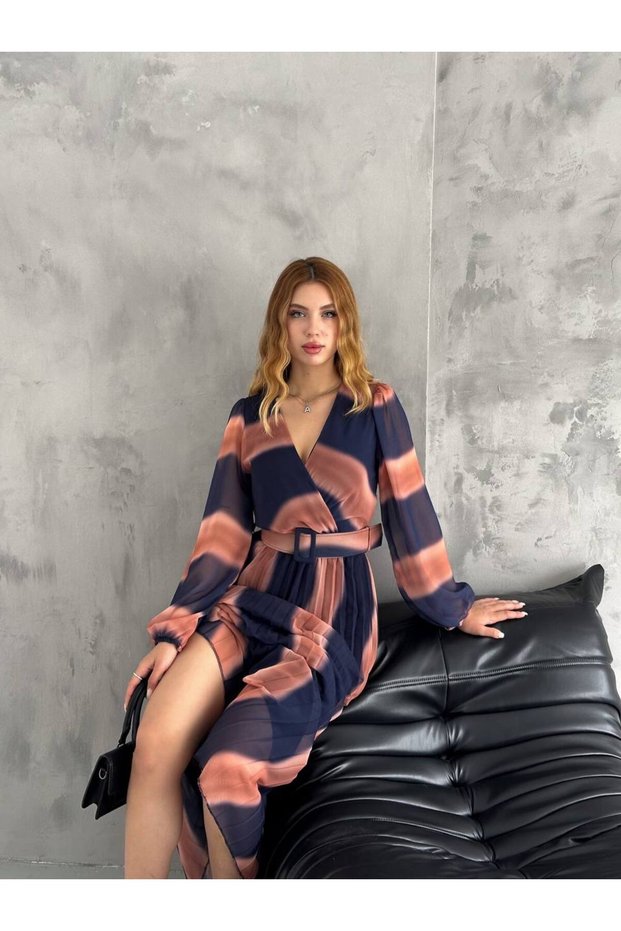 Women's belted wrap neckline pleated chiffon dress NBK2113-1