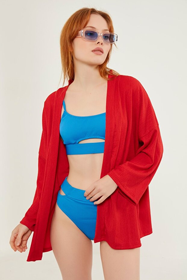 Woman's Red Layered Collar Boyfriend Knitted Jacket