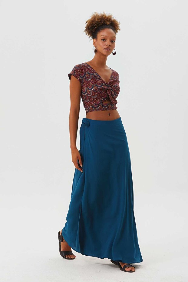 Solid Color Bohemian Long Wrap Skirt Navy Blue