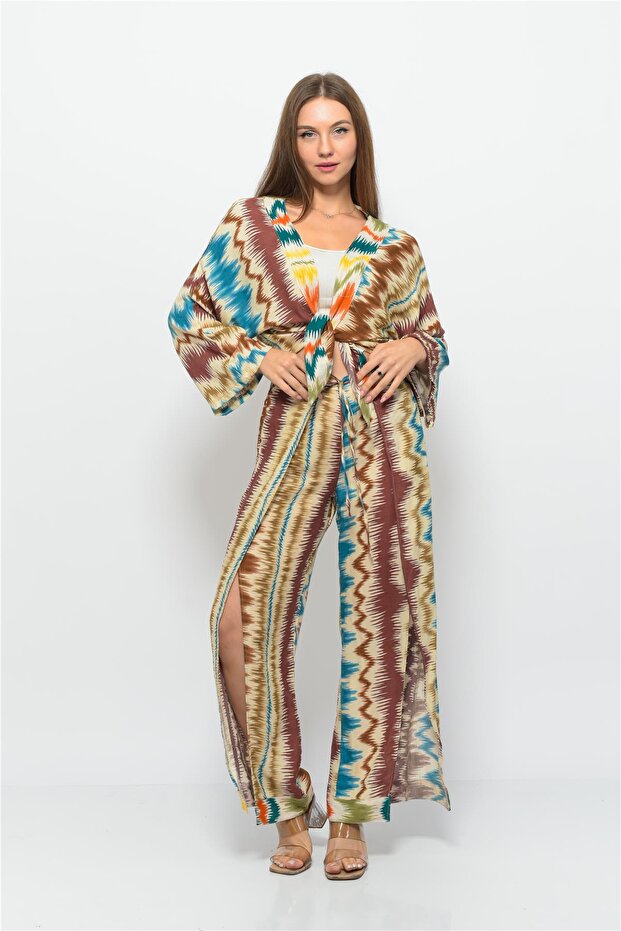 بنطلون صوفية منقوش بنمط موجة بني-فيروزي - 4