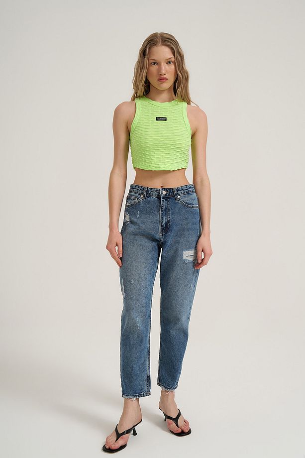 Yırtık Detaylı Denim Pantolon Mavi - 3