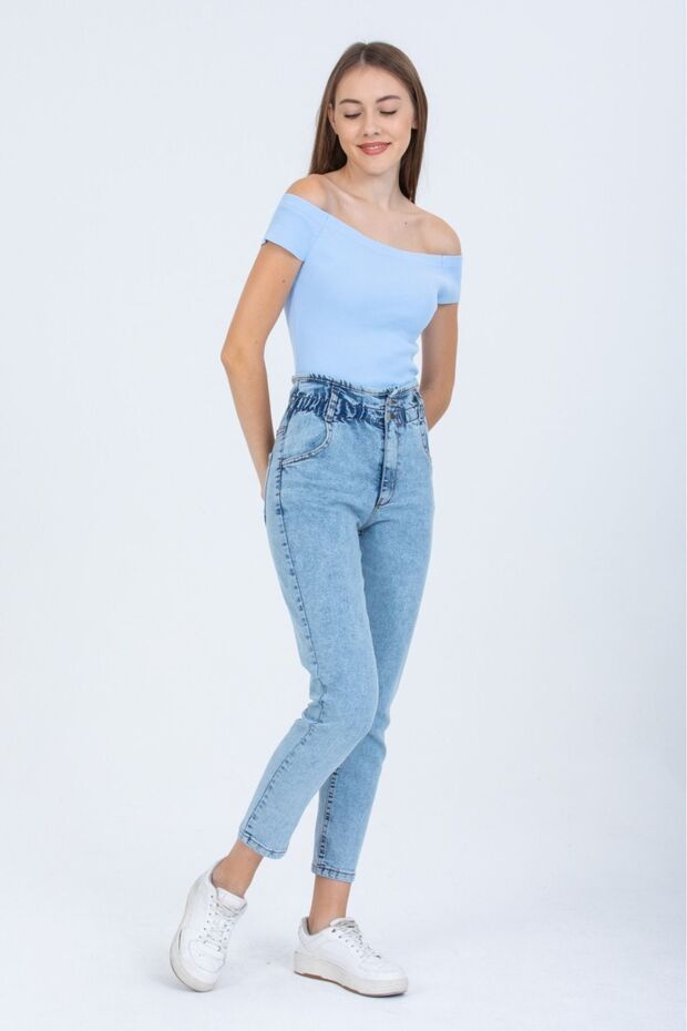 Ice Blue High Waist Elastic Waist Button Detailed Mom Jean Jeans