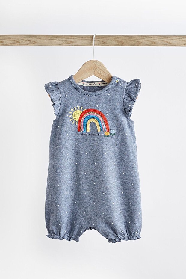 % 100 Pamuklu Mavi Sarı Gökkuşağı Desenli 3’lü Romper Set - 4