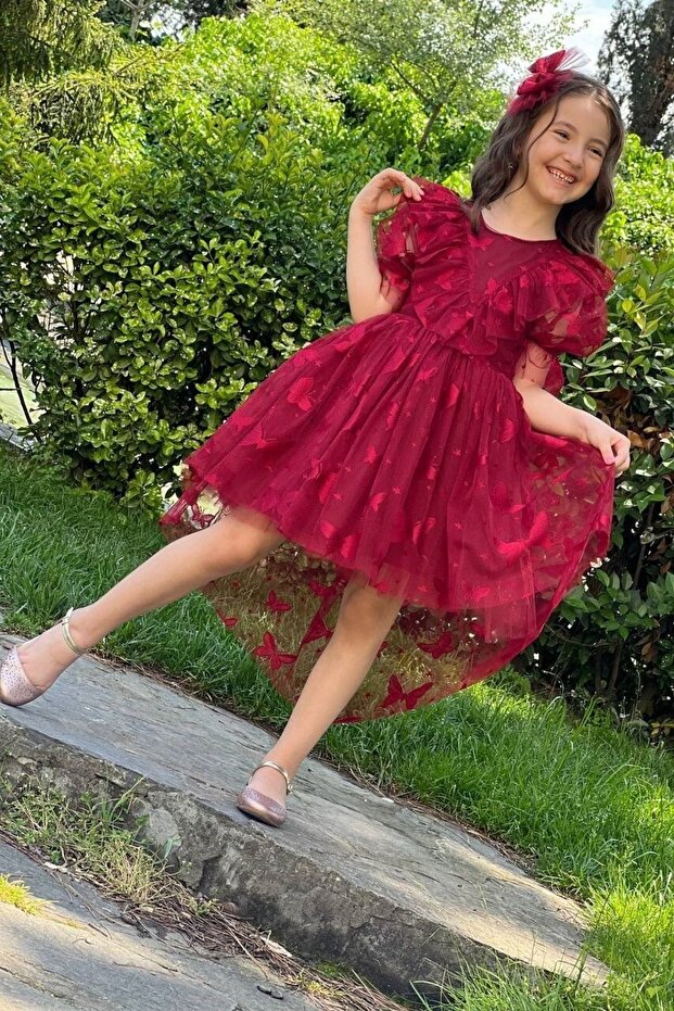 Butterfly Patterned Tailed Burgundy Children's Evening Dress Aby4523