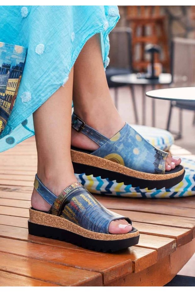 Women's Vegan Leather Multicolored Thick Sole Sandals - Sea Sparkle Design