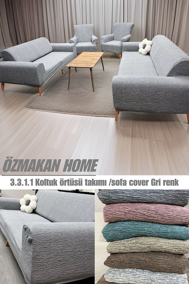 Streç Lastikli Esnek Yıkanabilir Pamuklu 3+3+1+1 Jakarlı Koltuk Örtüsü Takımı Koltuk Kılıfı - 1