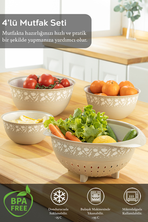 4-Piece Round Bowl and Strainer Set, Multi-Purpose Bowl Set, Whisk, Badya Set with Strainer Beige - 2