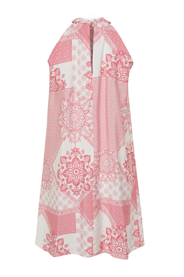 Pembe Kuşaklı Çiçek Desenli A Kesim Halter Yaka Mini Dokuma Elbise TWOSS24EL00711 - 8