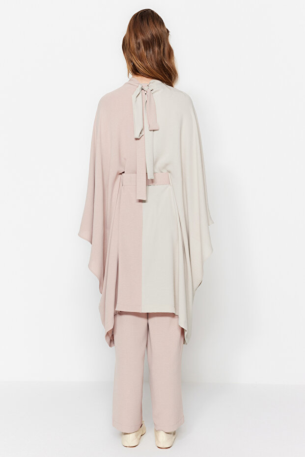 Bej Renk Bloklu Beli Kemerli Tunik-Pantolon Dokuma Takım TCTSS23US00046 - 7