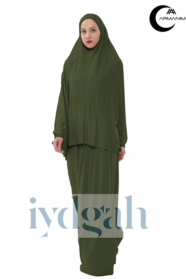 Armanım Practical Two Piece Bat Sleeve Hijab Viscose Fabric Prayer Dress _ Green
