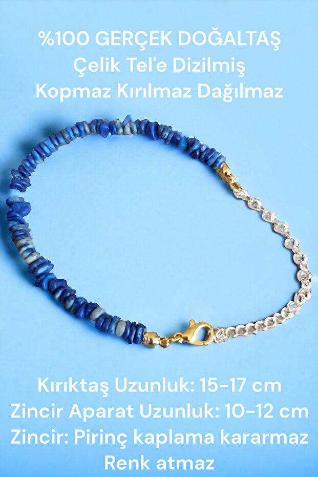 Lapis Lazuli Fine Natural Stone Cracked Stone Bracelet with Real Brass Plated Chain, Certified Bracelet