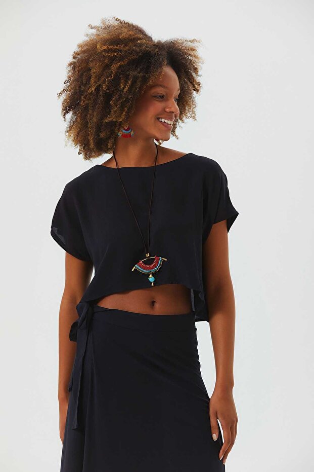 Boat Neck Oversize Summer Crop Bohemian Blouse Black