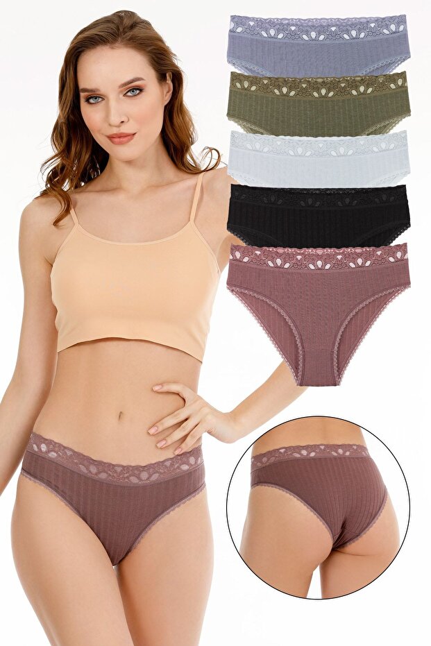 Women's Ribbed Lace Detailed Slip Panties 5 Pack Set
