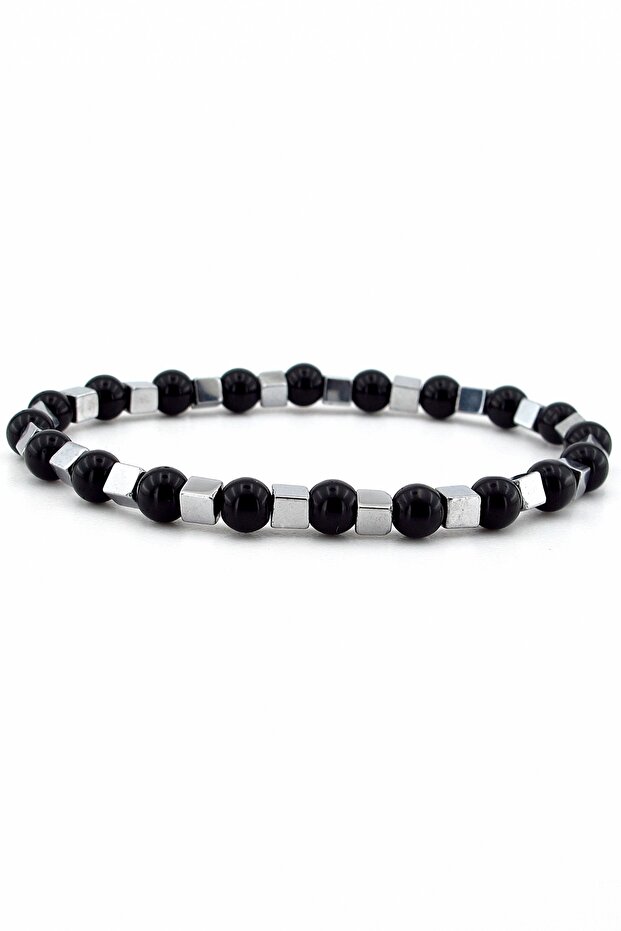 6mm Black Onyx and Silver Color Hematite Natural Stone Men's Bracelet J0263