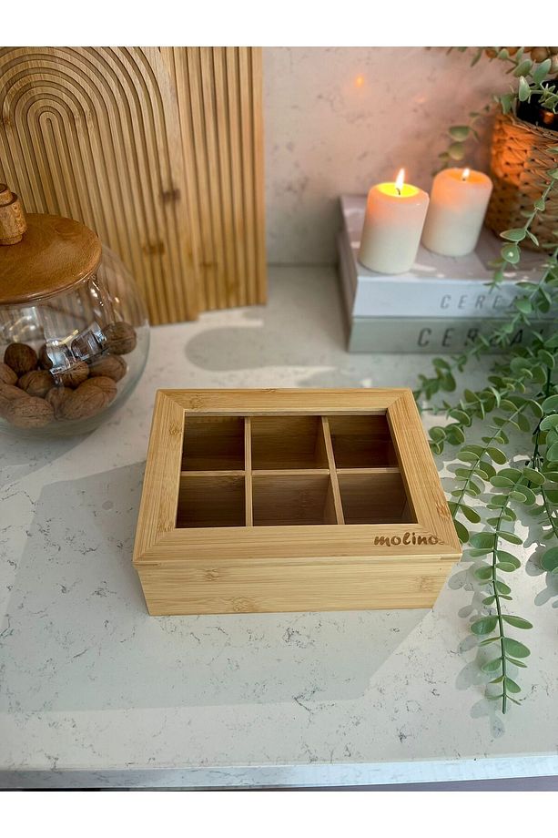 Bambu 6 Bölmeli Poşet Çay Kutusu Organizer Şeffaf Kapak 24x16x7 Cm - 1