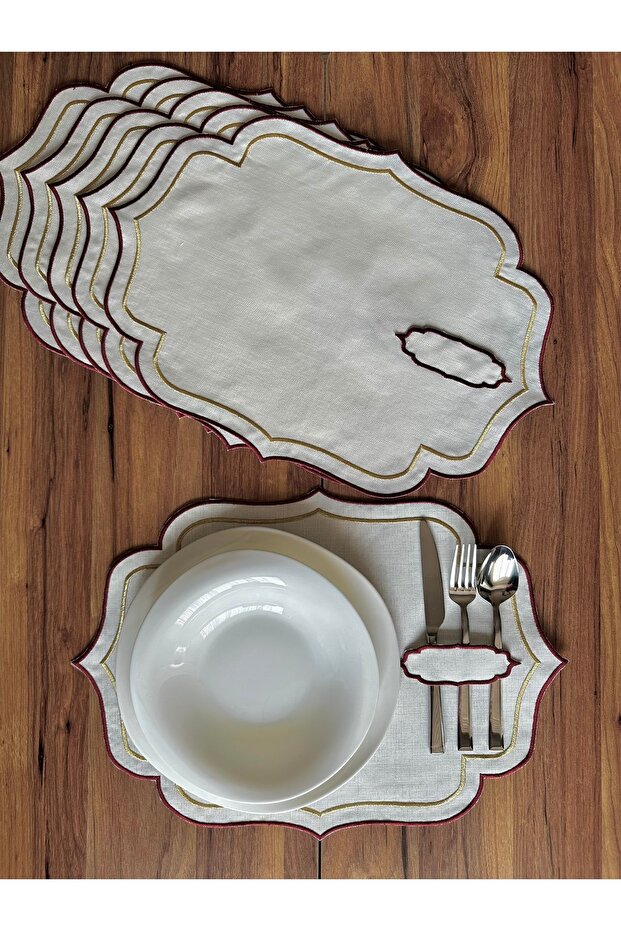 6 Pieces Claret Red-Gold Double Row Embroidered American Serving Plate with Spoon Holder