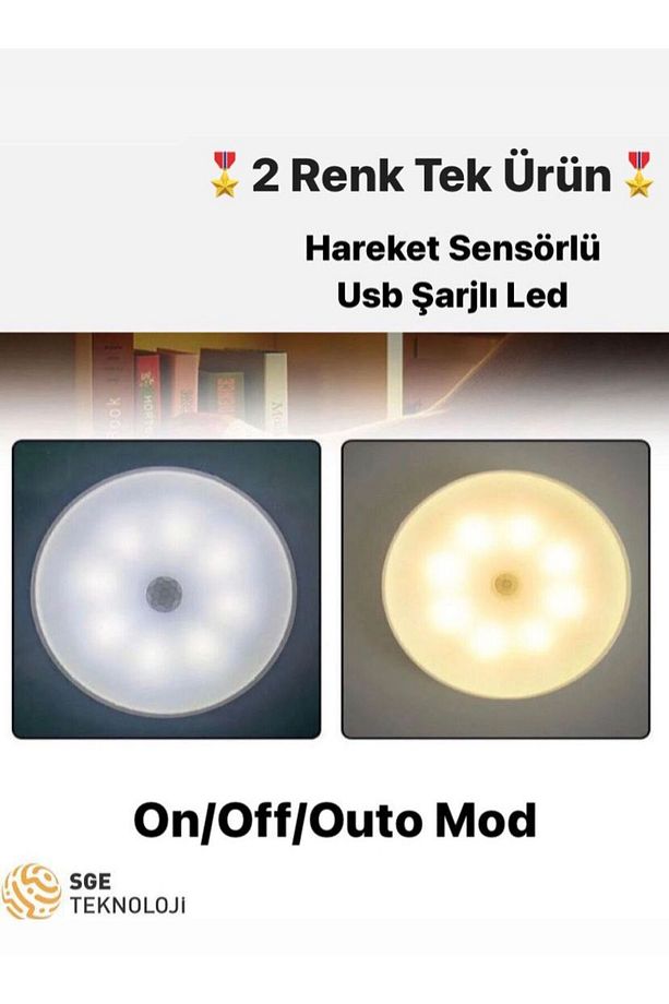 Hareket Sensörlü 2 Renk Usb Şarjlı Ampul Beyazve Gün Işığı Led Işık - 1