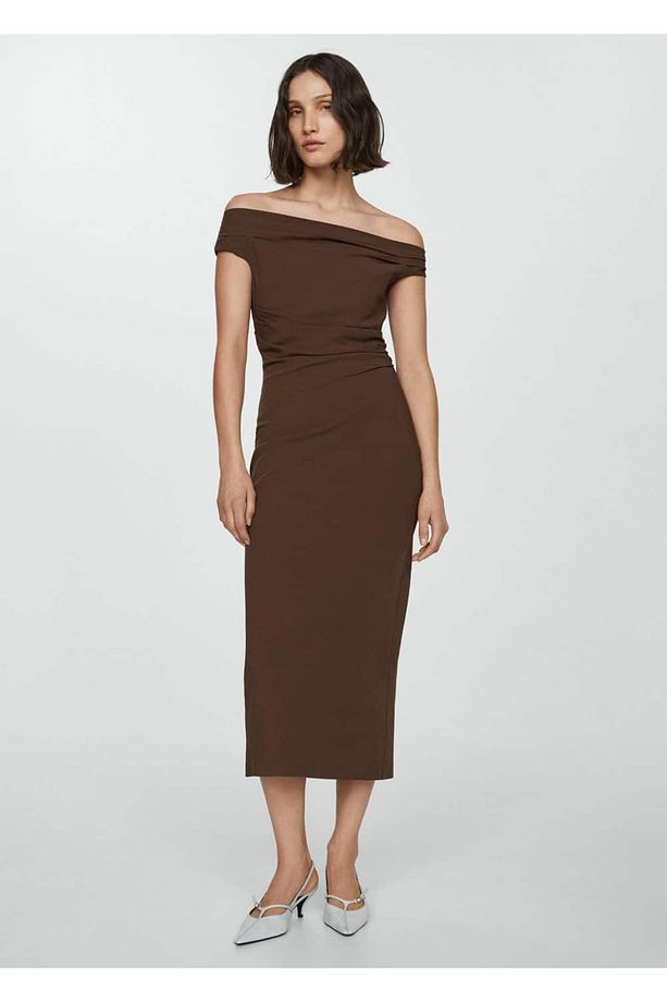 Omzu açık drape elbise - 2