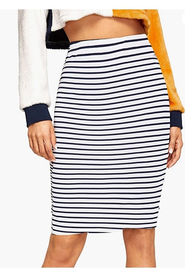 Women's Black and White Striped Tight Pencil Skirt