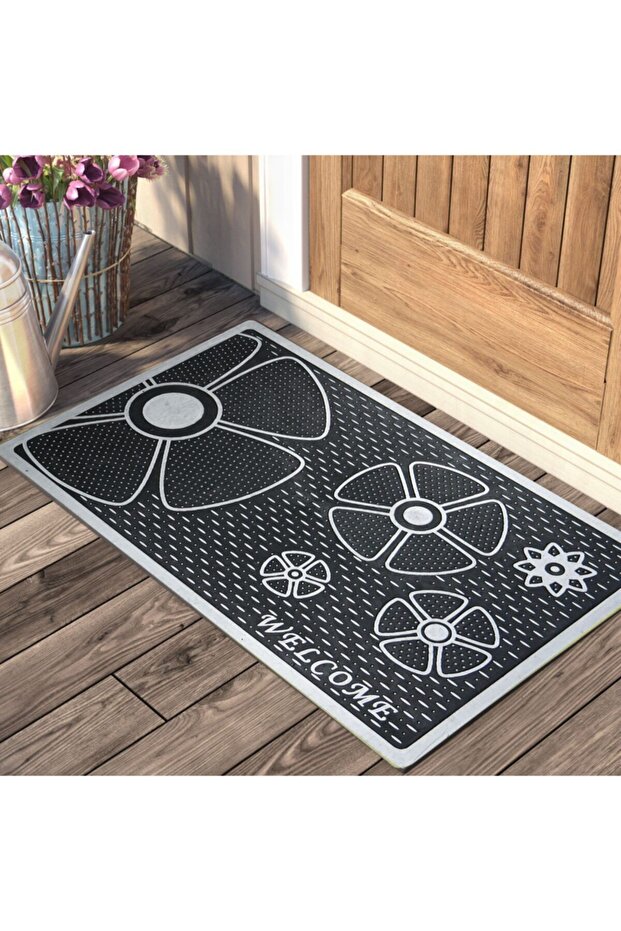سجادة مطاطية للباب الأمامي بنمط زهرة مكتوبة مرحبًا - 1