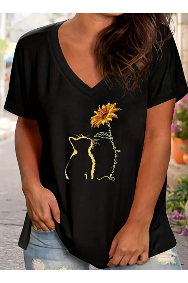 Women's Printed Women's Oversize V-Neck T-Shirt Loose