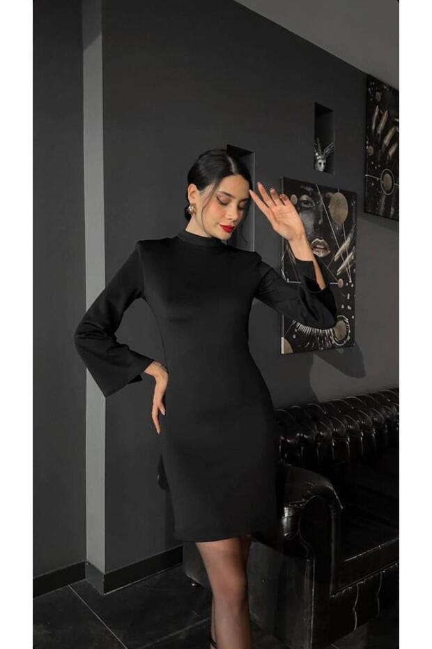 Siyah Sırt Dekolteli İspanyol Kol Mini Elbise - 3