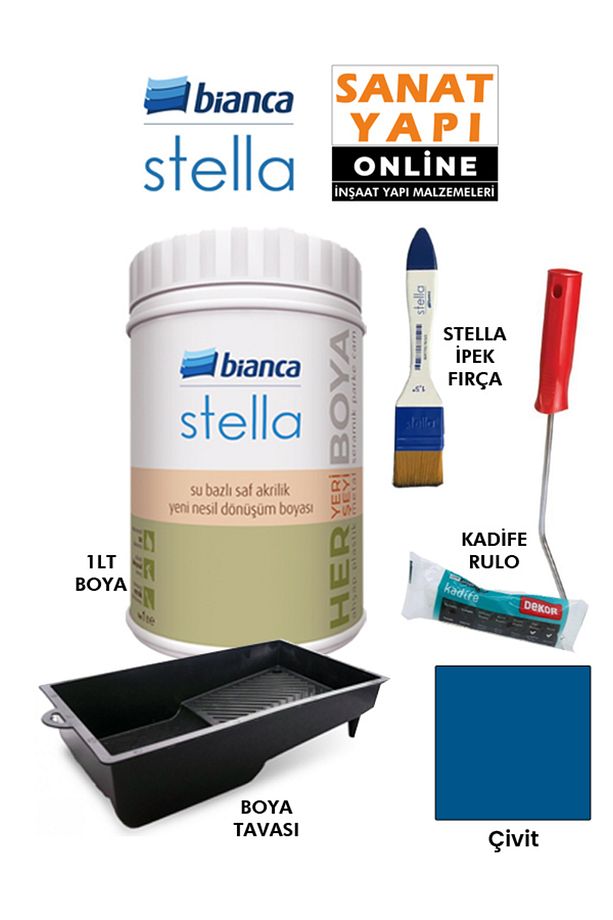 Stella Boya 4 Parçalı Set ( 1Lt Boya - Boya Tavası- Stella İpek Fırça - Kadife Rulo ) - 1