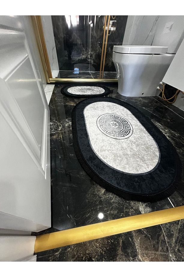 Kaymaz Taban Makinede Yıkanabilir Siyah Saçaklı Banyo Takımı Paspas Seti - 2