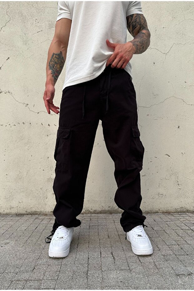 Baggy Black Cargo Pocket Lace Detailed Trousers
