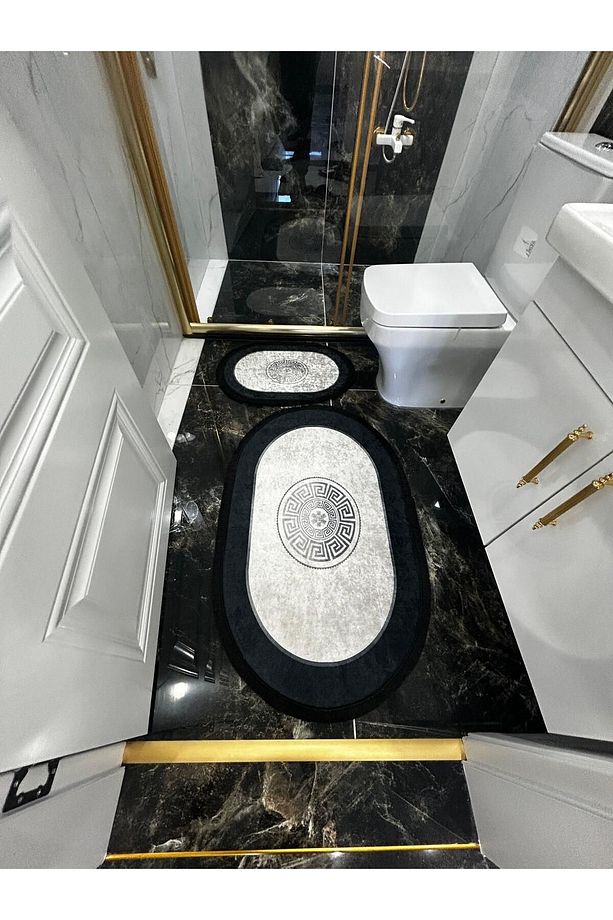 Kaymaz Taban Makinede Yıkanabilir Siyah Saçaklı Banyo Takımı Paspas Seti - 6
