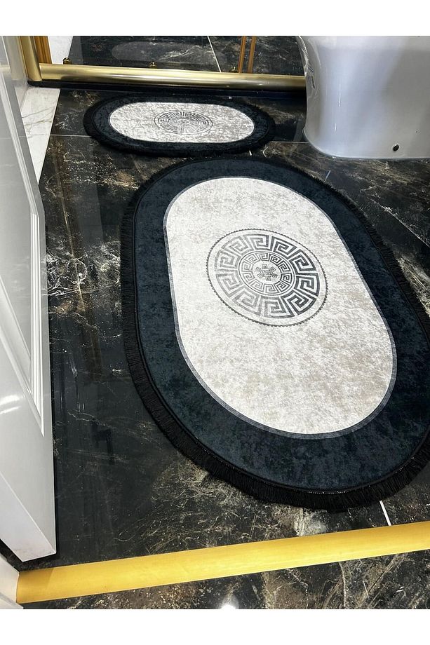 Kaymaz Taban Makinede Yıkanabilir Siyah Saçaklı Banyo Takımı Paspas Seti - 4