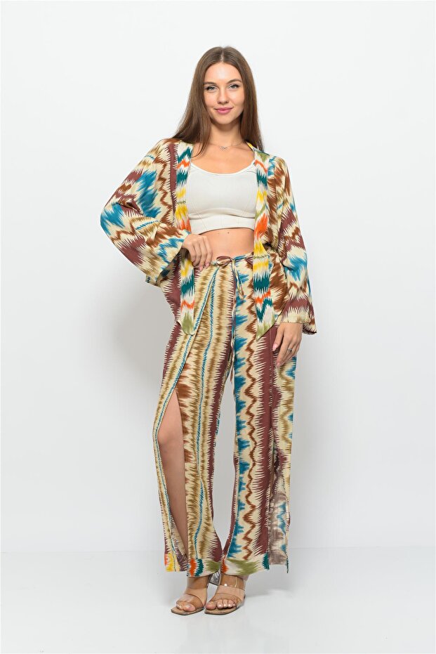 بنطلون صوفية منقوش بنمط موجة بني-فيروزي - 7