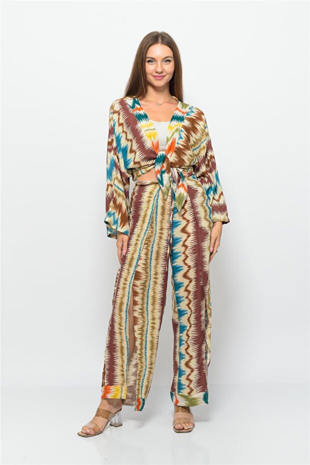 بنطلون صوفية منقوش بنمط موجة بني-فيروزي - 6