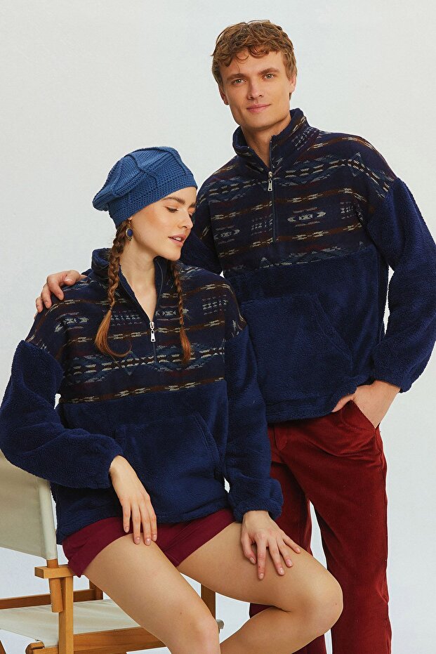 Turtleneck Ethnic Patterned Plush Sweatshirt Navy Blue