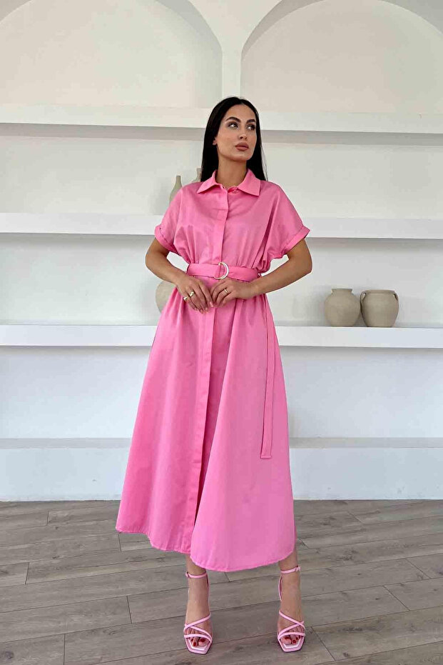 Pembe Kemer Detaylı Gömlek Elbise - 5