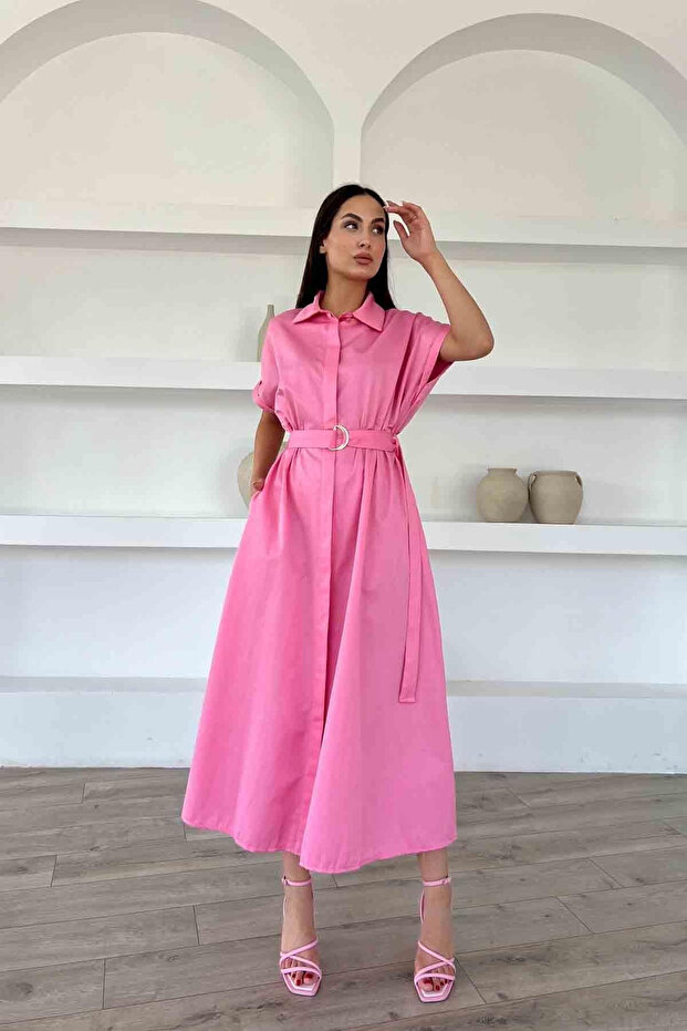 Pembe Kemer Detaylı Gömlek Elbise - 3