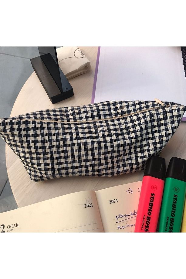 Lacivert Pötikareli Yıkanabilir Fermuarlı Tek Gözlü Bez Kalemlik Kalem Kutusu Cüzdan Makyaj Çantası - 3
