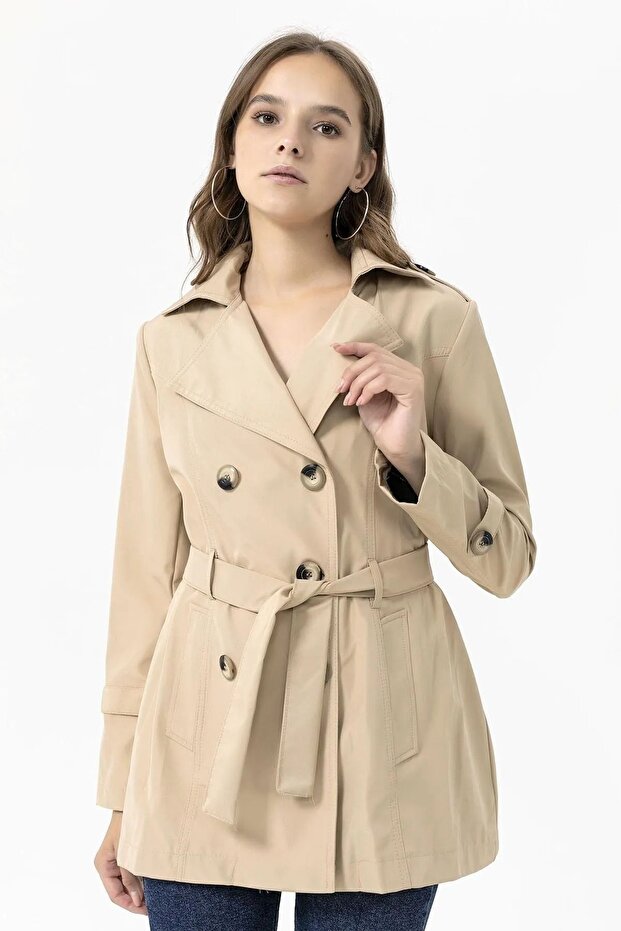 Button Closure Belted Trench Coat - 1