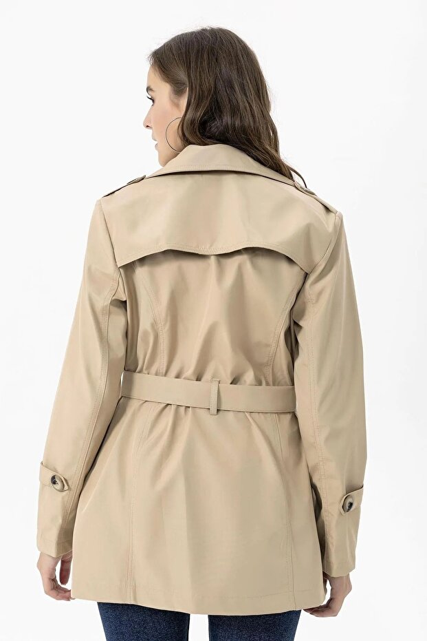 Button Closure Belted Trench Coat - 5