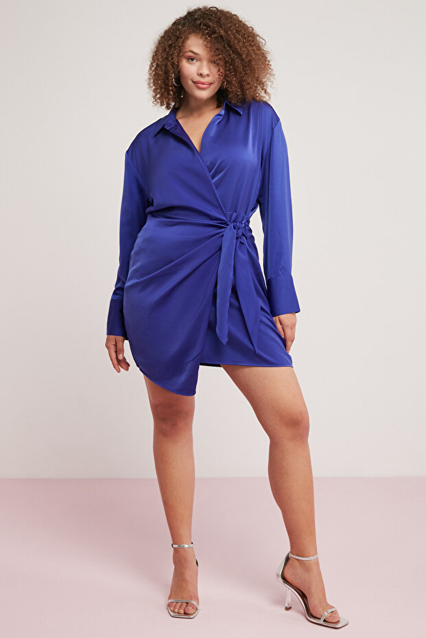 Dıone Women's Flush Viscose Satin Asymmetric Cut Tie-Up Short Blue Plus Size Dress