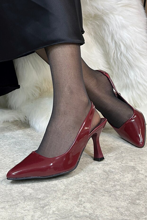 Casual Burgundy Patent Leather Women's Pointed Toe Flat Patternless Thin Open Back Heels Model Evening Dress Shoes 101B