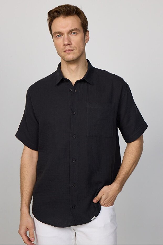 Relax Fit Short Sleeve Comfortable Cut Muslin Fabric 100% Cotton Single Pocket Summer Plain Smoked Men's Shirt