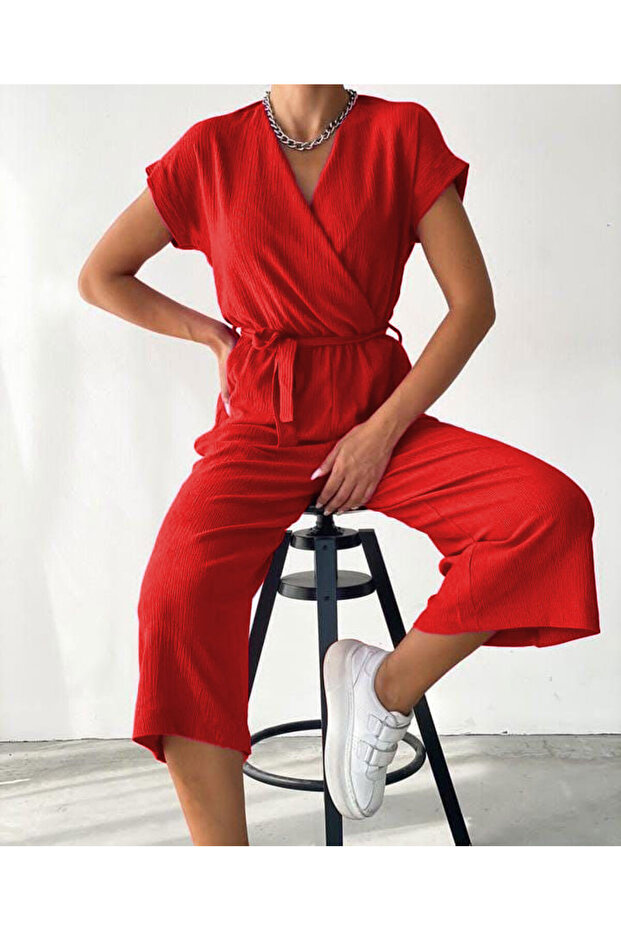Red Pink Fabric Medium Length Jumpsuit