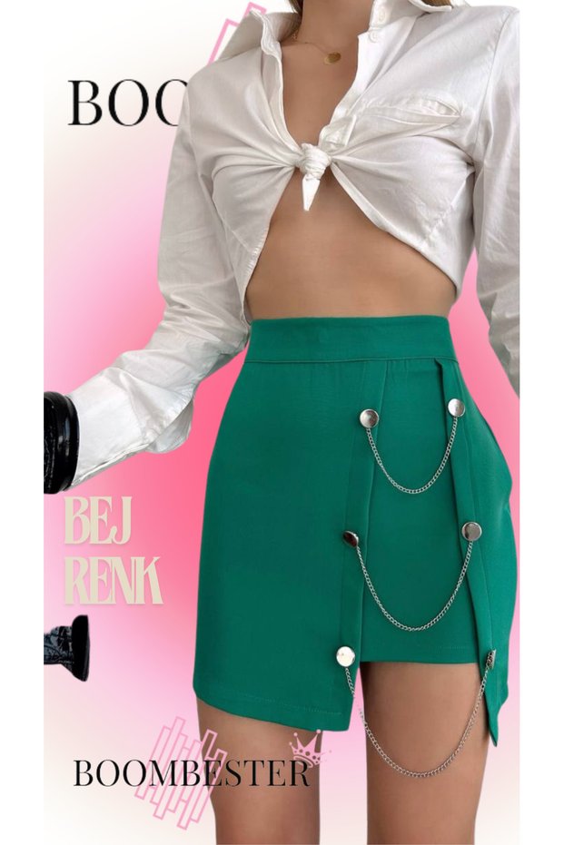 Women's Beige Mini Skirt with Chain Detail Crepe Fabric