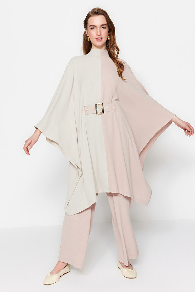 Bej Renk Bloklu Beli Kemerli Tunik-Pantolon Dokuma Takım TCTSS23US00046 - 1