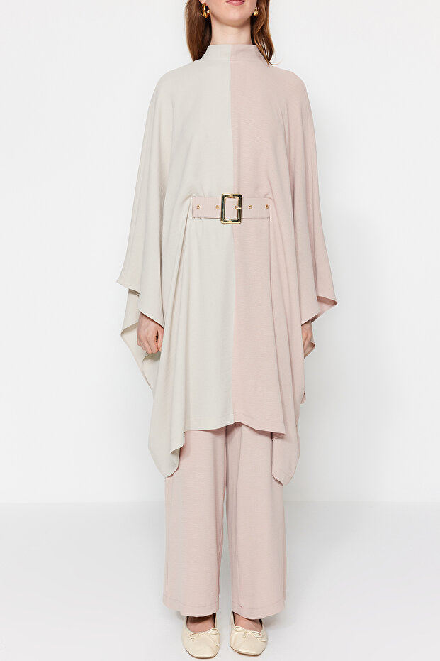 Bej Renk Bloklu Beli Kemerli Tunik-Pantolon Dokuma Takım TCTSS23US00046 - 4